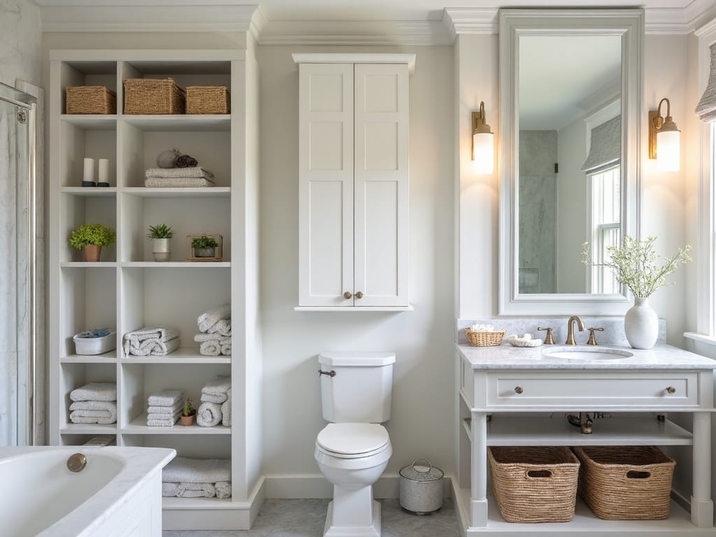 compact efficient organized bohemian guest bathroom