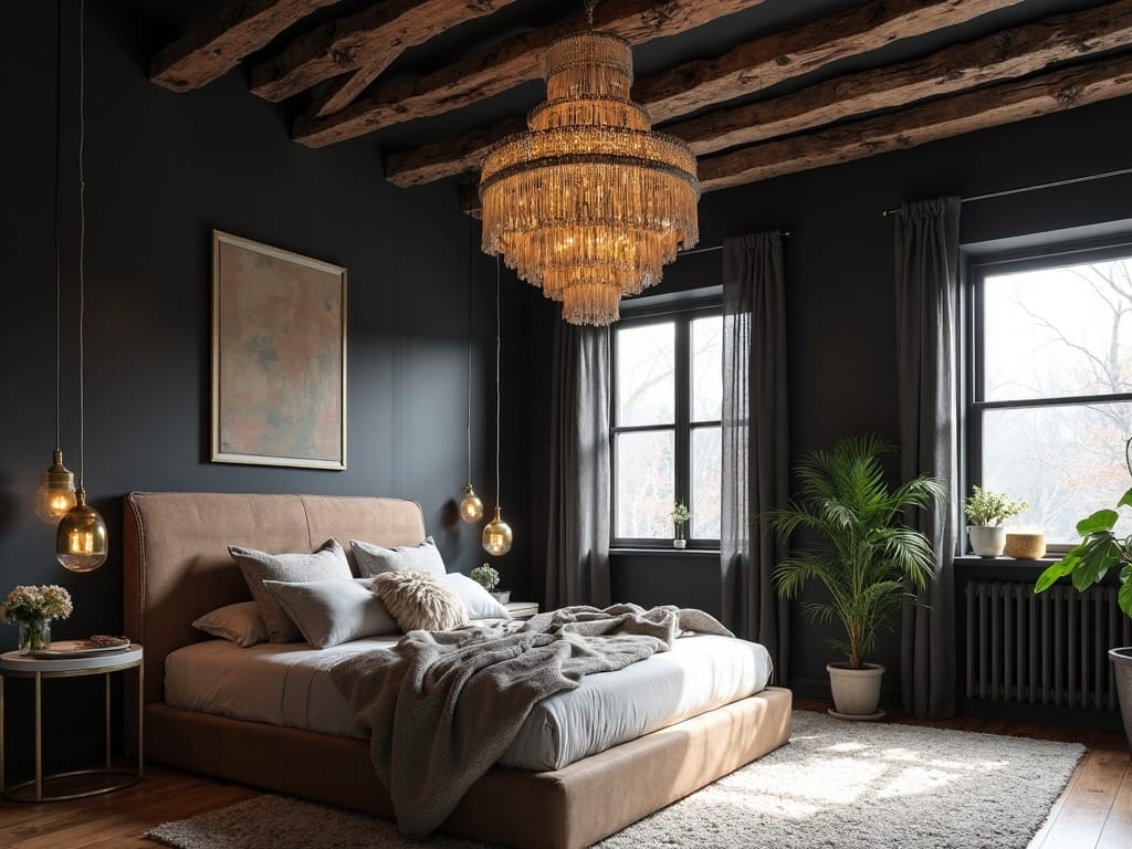 sophisticated bohemian sanctuary with black ceiling