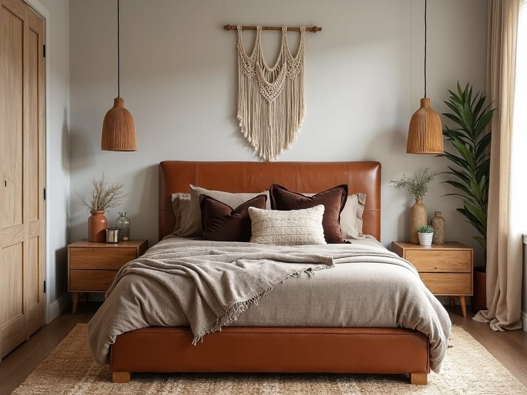 sophisticated boho chocolate leather bedroom