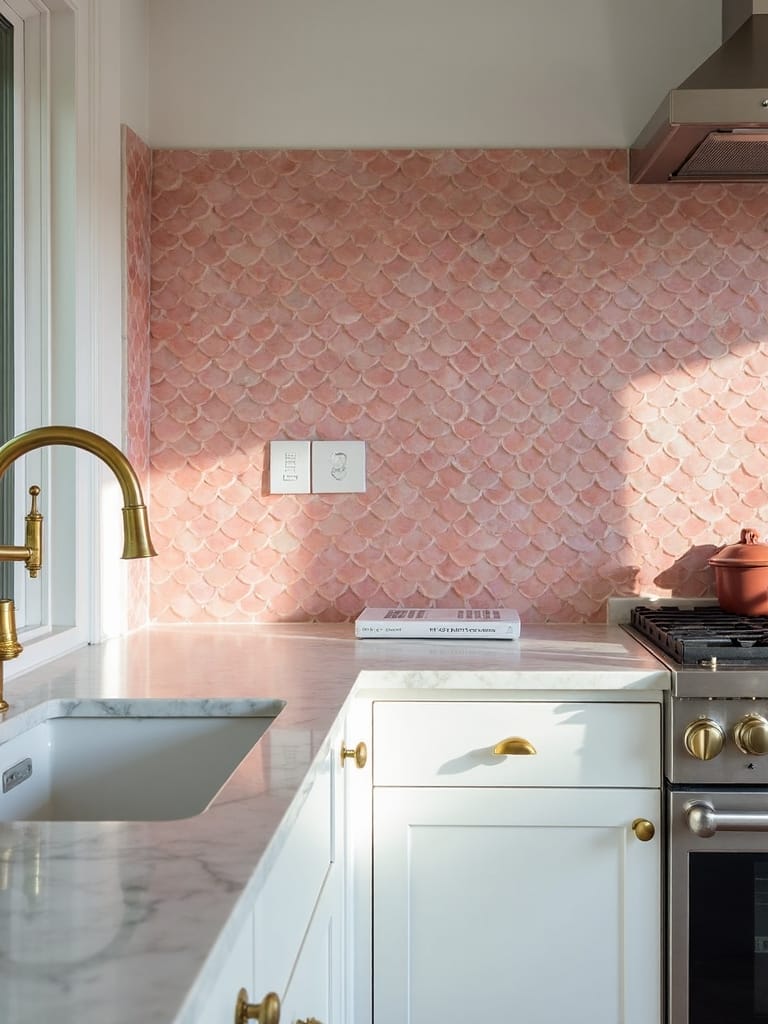 captivating pink fish scale backsplash