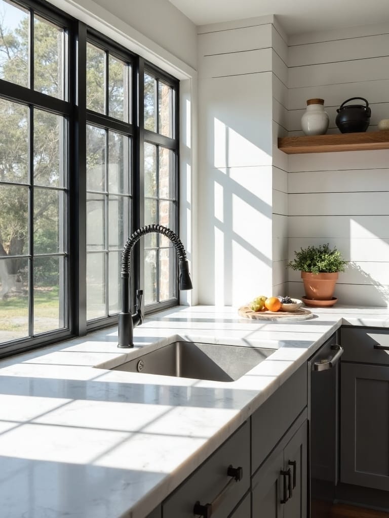 contrasting light filled farmhouse kitchen design