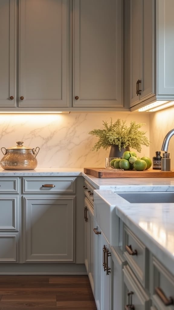 greige cabinets with bronze