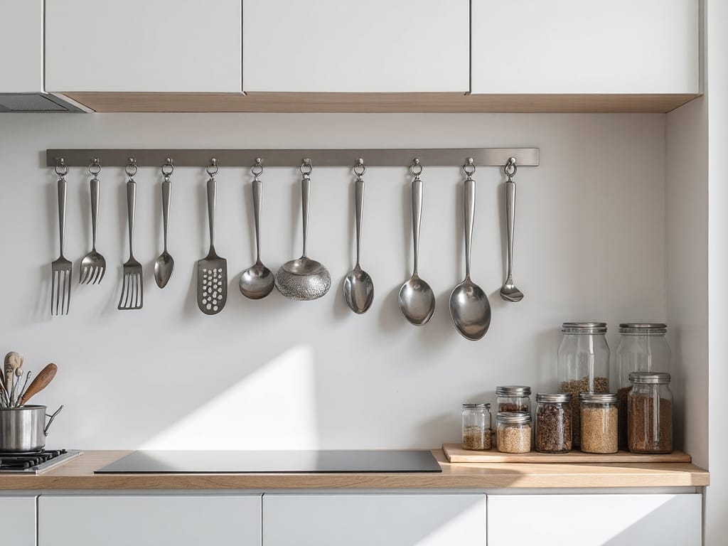 magnetic strips organize kitchen utensils