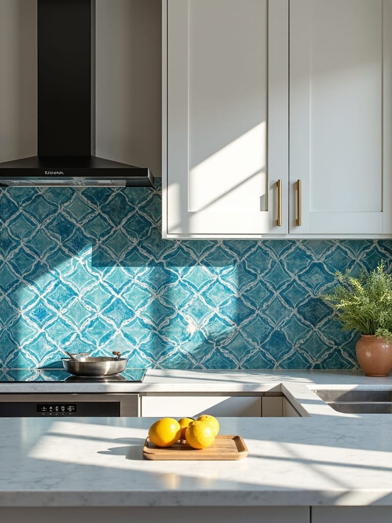 serene mediterranean blue kitchen backsplash
