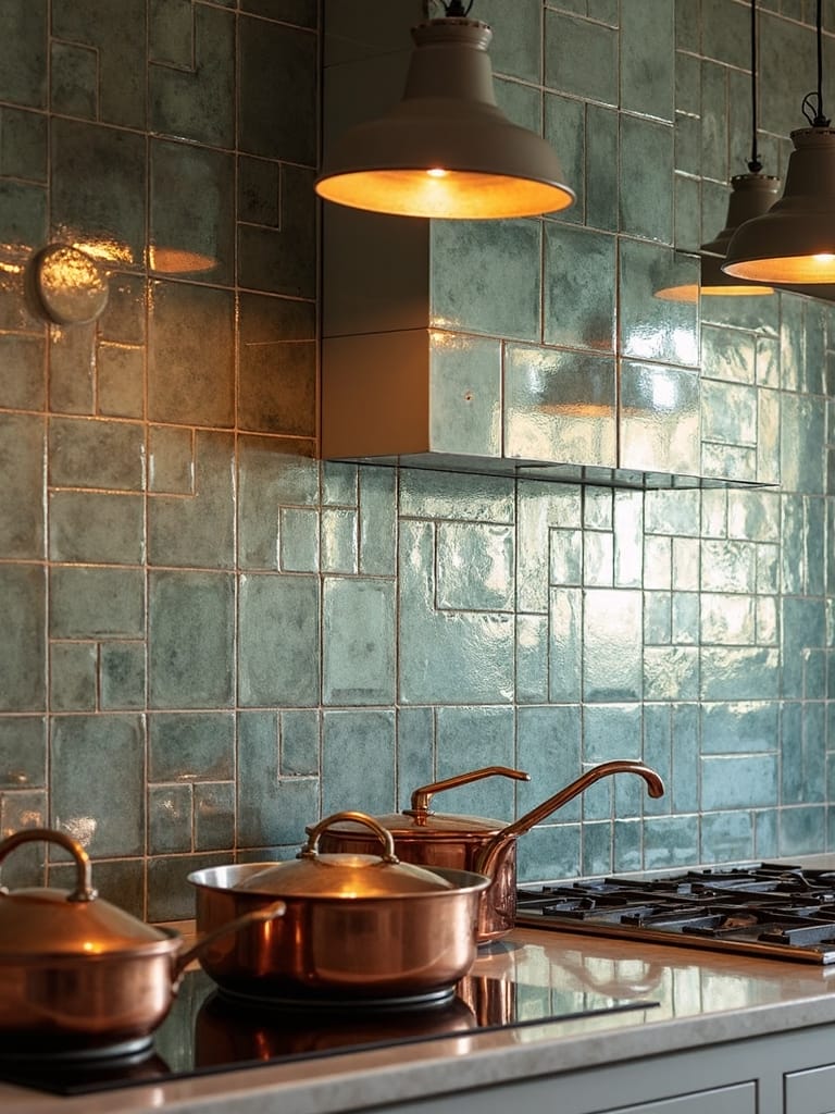 vintage inspired reflective backsplash illuminates kitchen
