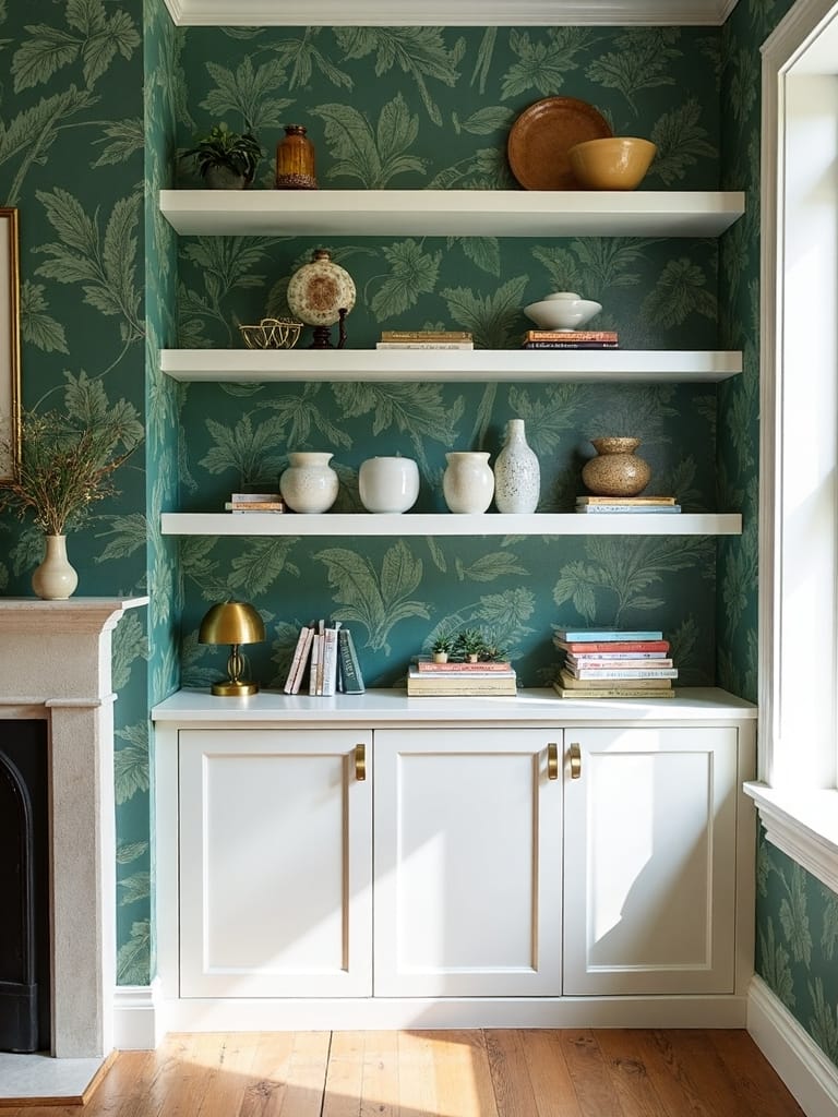 coordinating shelving and wallpaper design