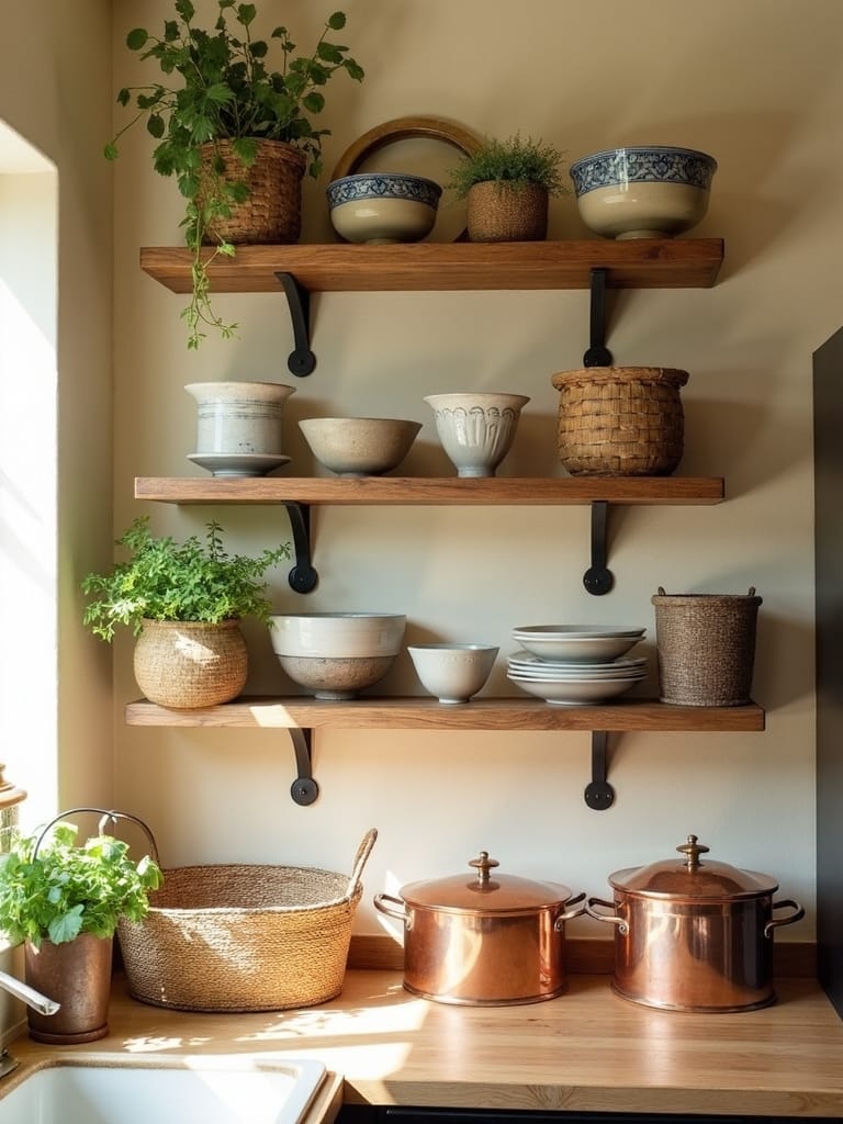 cozy cottage style open kitchen shelving