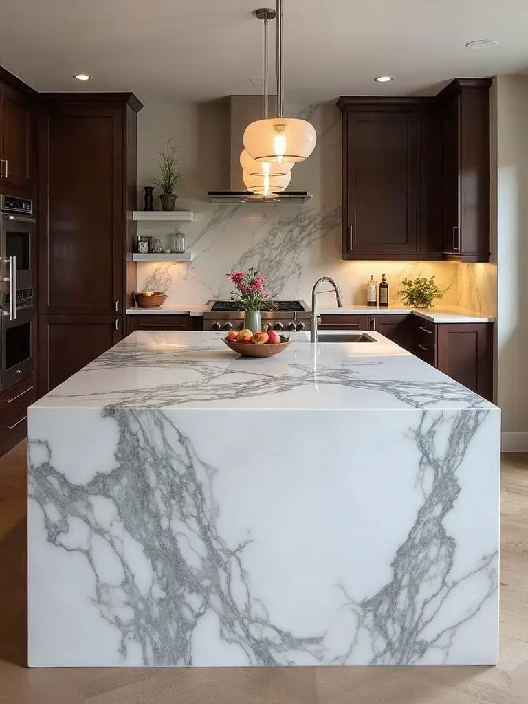 elegant marble waterfall island centerpiece