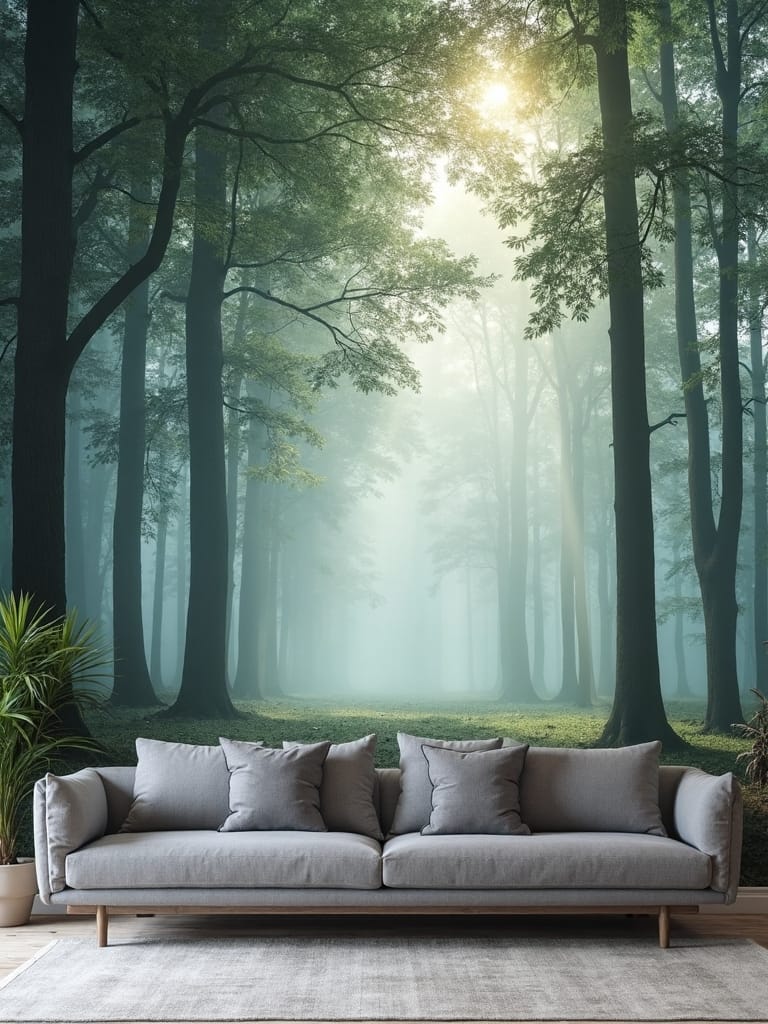 engaging statement mural decor behind sofa