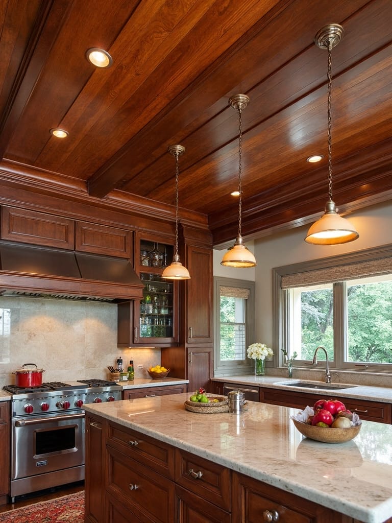 rustic copper accented wooden ceiling