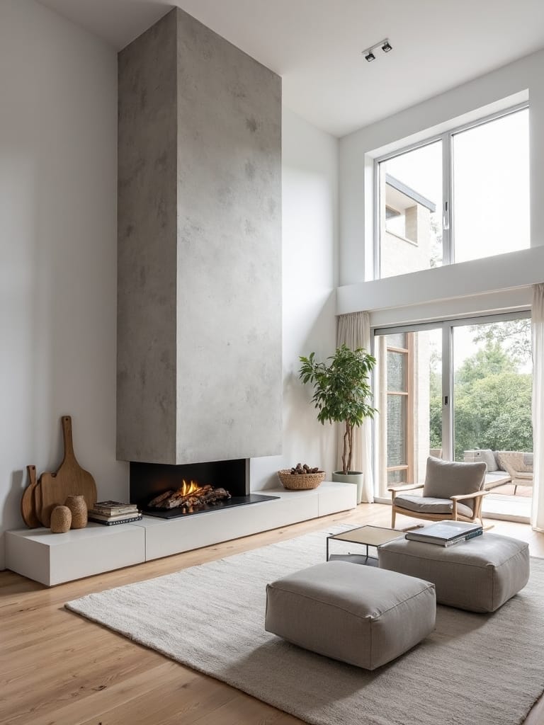 suspended fireplace elevates scandinavian living room