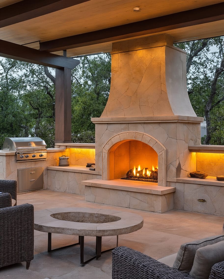 cozy curved gas burning carmel stone fireplace