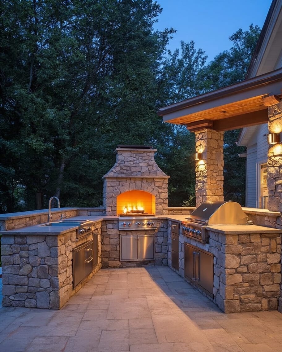 luxury outdoor kitchen with fireplace design