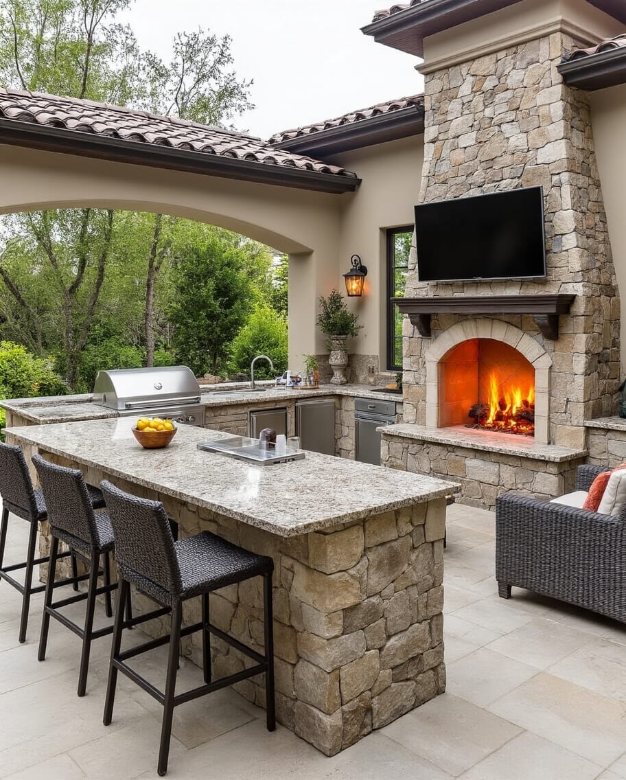 outdoor entertainment focused fireplace with tv