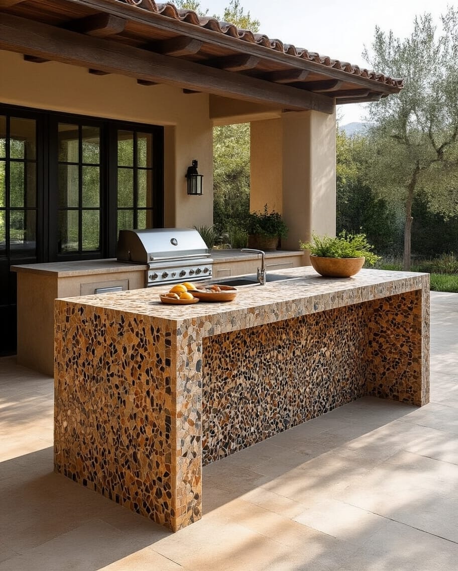 outdoor kitchen artistic mosaic stone panels