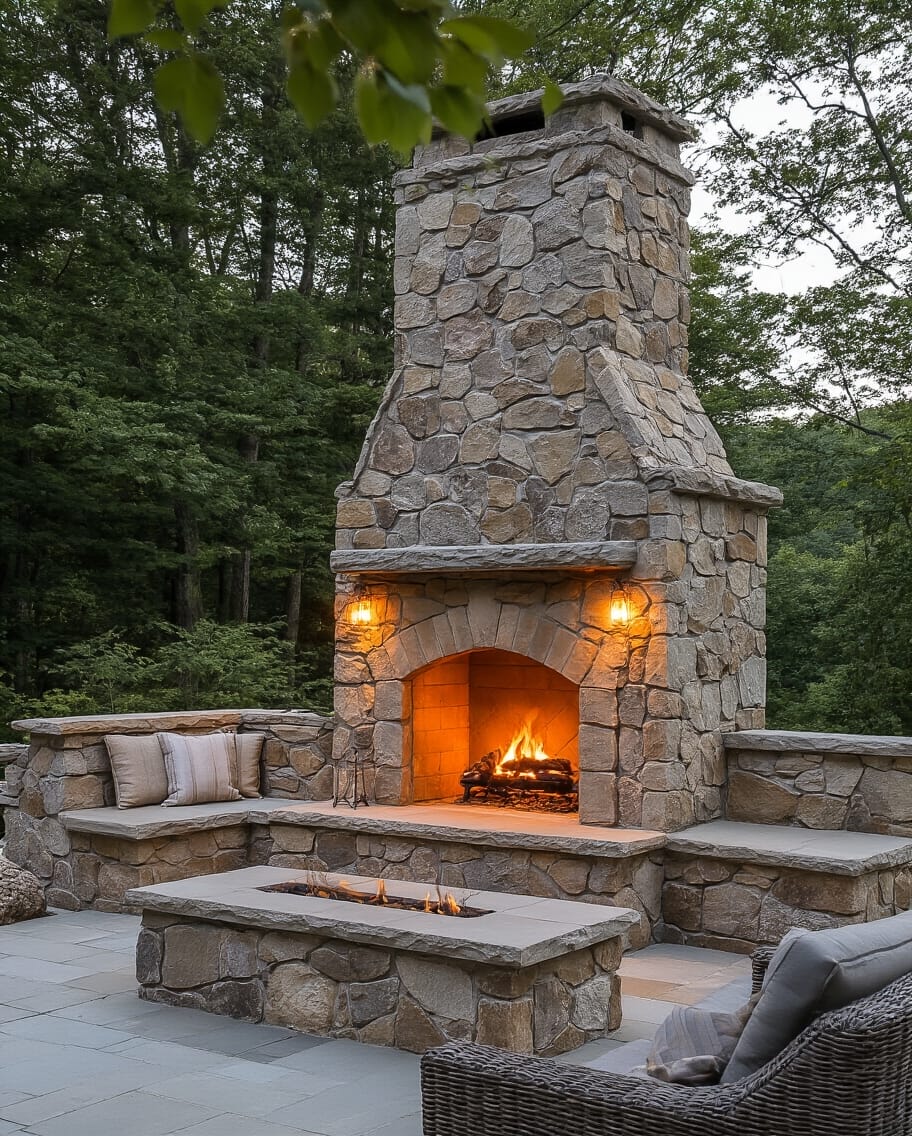 rustic fieldstone fireplace with built in seating