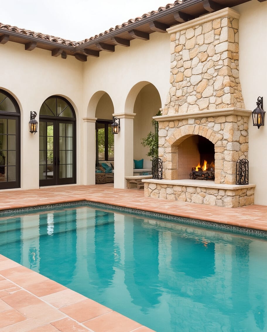 terracotta charm mediterranean pool cabana fireplace