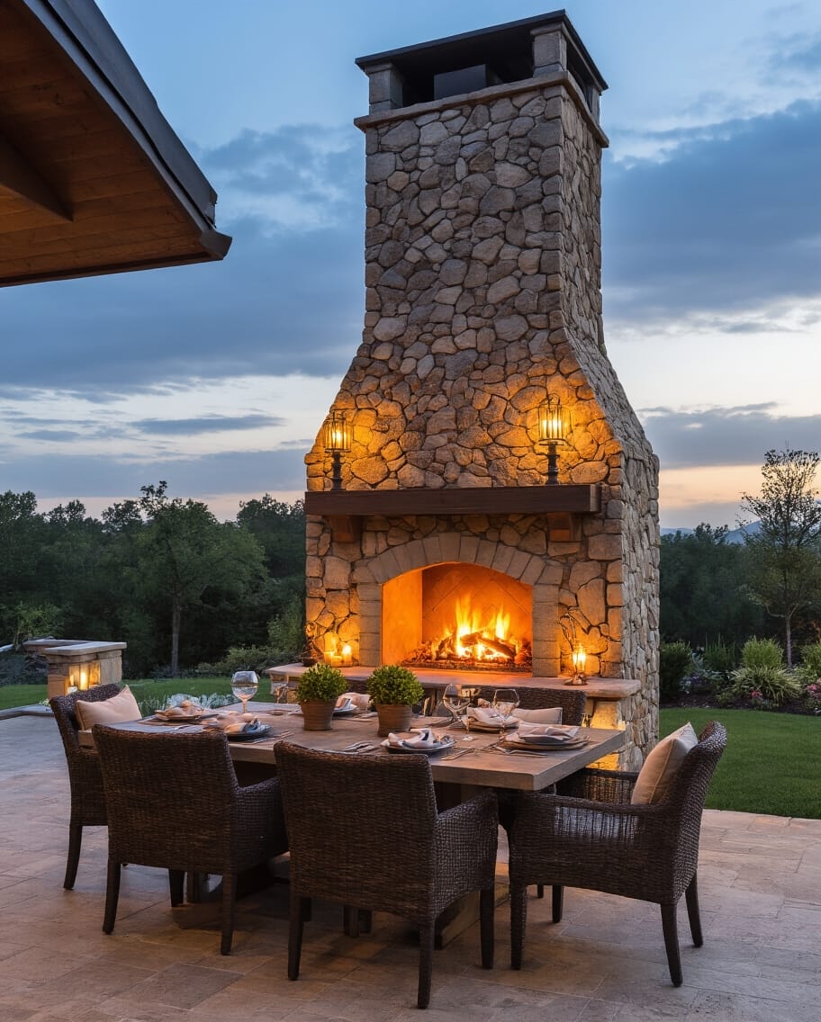 towering outdoor fireplace transforms al fresco dining